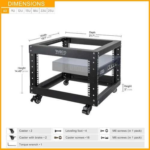 Vista 3 de RIVECO Estante de servidor de marco abierto de 6U con ruedas: montaje rápido de 4 postes para uso pesado, soporte de 19 pulgadas, gabinete de 600 KG