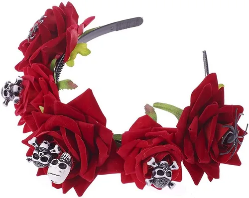 Vista 6 de ITODA Diadema de calavera de flores rojas, araña, Halloween, gótico, mexicano, día de muerto, tiara, cosplay, disfraz, guirnalda, fiesta, corona