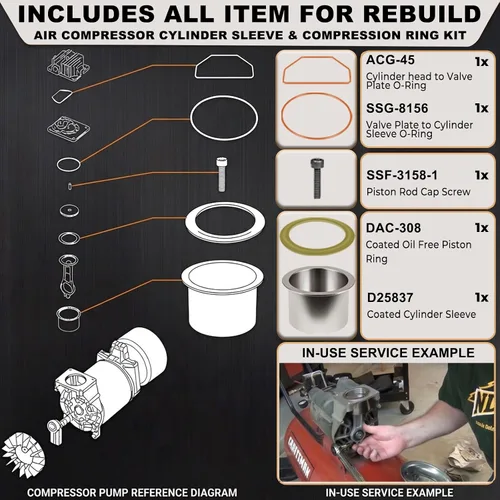 Vista 6 de K-0650 Air Compressor Cylinder Sleeve & Compression Ring Kit For Craftsman