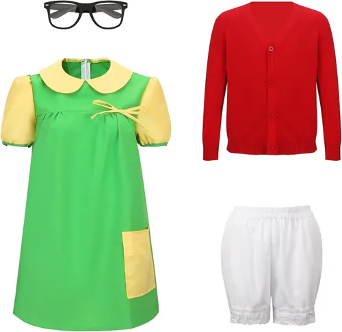 Vista 4 de ZIFUNMUR Women Girls Chilindrina Costume Green Dress Red Knit Cardigan Shorts Glasses Full Set Halloween Cosplay Outfit