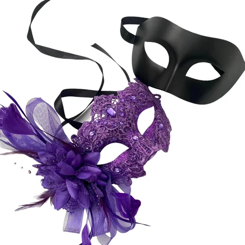 Vista 22 de MASQ Par de máscaras de encaje brocado para mascarada, Mardi Gras, cumpleaños, graduación, boda, fiesta Bk Lace W Pluma