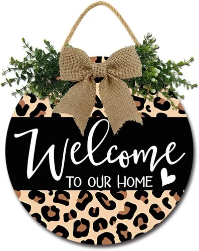 Vista 9 de Letrero con texto en inglés "Hello There" para puerta delantera, letrero de bienvenida para puerta de entrada, corona de madera redonda rústica
