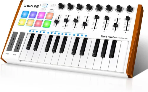 Vista 12 de Vangoa Controlador de Teclado MIDI 25 Teclas, Worlde Panda MINI Teclado USB Midi con Almohadillas de Percusión, Máquina Creadora de Ritmos, Negro