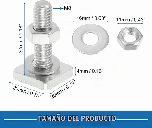 Vista 5 de Perno de ranura en forma de T M8 con arandela de tuercas en forma de T, accesorios de acero inoxidable (paquete de 6)