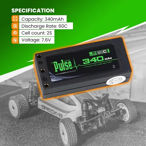 Vista 5 de Helidirect Pulse 340mah 2S 7.6V 60C LiHV Hardcase Batería utilizada para Mini Z, XBility 1, Drift, Micro B, Micro, Hobbyplus 1/24 Racing & Drift