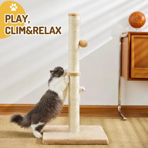 Vista 4 de MeowHomm Postes rascadores para gatos de interior y adultos de 32 pulgadas de alto con 2 bolas colgantes, rascador grande para gatos, incluye cuerda