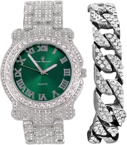 Vista 6 de Charles Raymond Reloj redondo de lujo para hombre totalmente incrustado con brillantes en plata con pulsera Bling-ed Out - L0504B