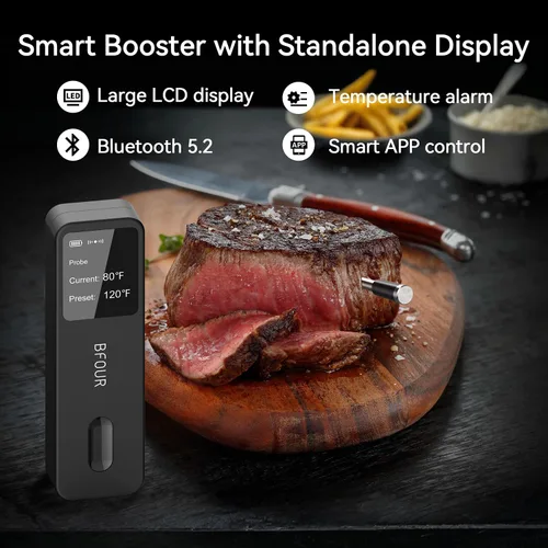 Vista 2 de BFOUR Termómetro de Carne Digital Inalámbrico con Amplificador LCD, Termómetro Bluetooth para Cocinar Alimentos con Aplicación Inteligente, Alcance
