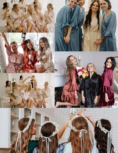 Vista 5 de Ekouaer Bata de seda con volantes para mujer, bata corta de satén, bata de media manga, bata de baño para dama de honor, boda, fiesta
