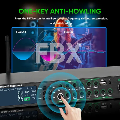 Vista 10 de AX-666 Mezclador Profesional de Karaoke Procesador KTV con Micrófonos Inalámbricos Duales, Sistema de Procesador de Efectos de Audio Vocal de Efecto