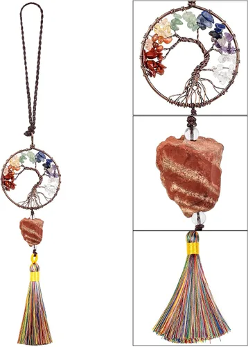 Vista 3 de rockcloud Adorno colgante de árbol de la vida de 7 chakras con borla de piedra cruda irregular para pared, automóvil, hogar, boda, jaspe rojo