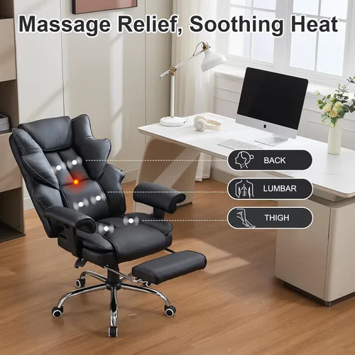 Vista 4 de Silla de oficina ergonómica con función de masaje con calefacción, silla de escritorio ejecutiva para computadora, asiento de masaje ajustable Negro