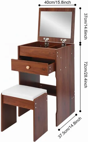 Vista 2 de Escritorio de tocador 3 en 1 con espejo, tocador compacto de 15.8 pulgadas con tapa abatible, mesa de maquillaje de nogal negro con taburete