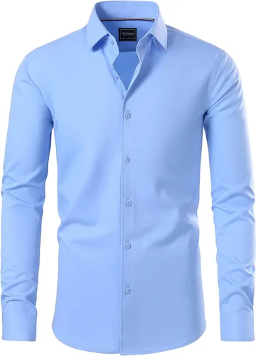 Vista 2 de Gollnwe Camisa de vestir elástica de bambú para hombre, manga larga, color sólido con puño convertible