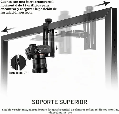 Vista 6 de NEEWER Soporte de cámara sobre mesa para tomas desde arriba, soporte de mesa resistente de acero para montaje de cámara, plataforma multidispositivo