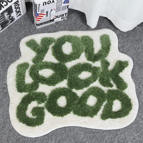 Vista 15 de Alfombra de baño negra con texto en inglés "You Look Good", alfombra de baño divertida, bonita, antideslizante, de microfibra, de felpa, pequeña