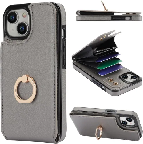 Vista 9 de Folosu Compatible con iPhone 15 Funda cartera con tarjetero con rotación de 360°, soporte de anillo de dedo con función atril, bloqueo RFID, de Negro