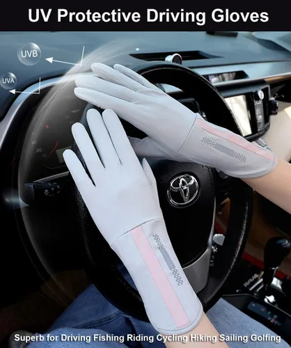 Vista 7 de SUJAYU Guantes de protección UV, guantes de conducción para mujer, guantes UV de dedo completo, guantes de protección solar, guantes finos con luz