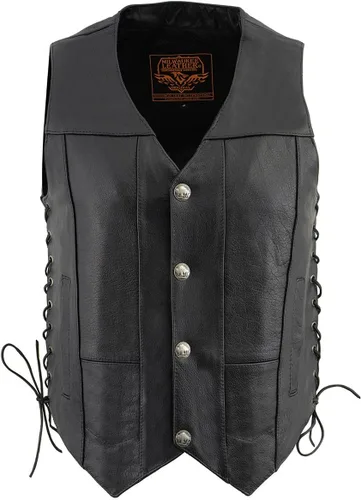 Vista 6 de Milwaukee Leather LKM3701 Chaleco clásico de cuero negro para hombre con cuello en V estilo motero con broches de búfalo y cordones laterales