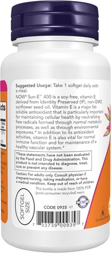 Vista 3 de NOW Foods Suplementos, Sun-E 400 UI con d-alfa tocoferol de aceite de girasol sin OMG, 60 cápsulas blandas