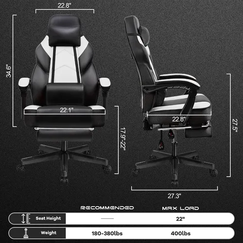 Vista 3 de Silla de juegos para adultos, sillas de juegos con reposapiés, silla ergonómica de videojuegos con masaje lumbar grande y alta silla de computadora