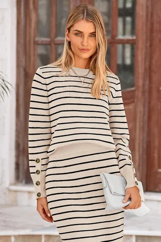 Vista 7 de PRETTYGARDEN - Conjunto de falda de suéter a rayas de 2 piezas para mujer Rayas de albaricoque