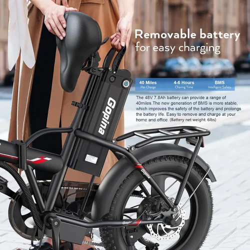 Vista 6 de Vivi Gopina Electric Bike, 16" x 3.0 Fat Tire Electric Bike, Peak 500W Step Thru Electric Bicycle, 48V Removable Battery, Up to 40 Miles, LCD