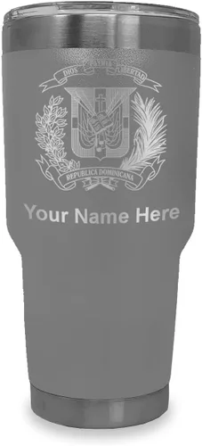 Vista 20 de LaserGram Taza aislada al vacío de 20 onzas, escudo de armas, República Dominicana, grabado personalizado incluido (gris)