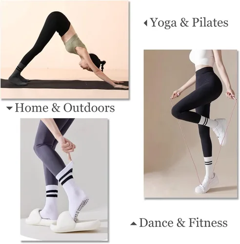 Vista 3 de FLYDO Calcetines de Pilates Grippy con empuñaduras para mujer, calcetines largos antideslizantes para yoga Pure Barre, ballet, entrenamiento
