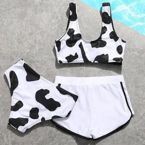 Vista 4 de Traje de baño de tres piezas con estampado floral para niñas (blanco, 11-12 años)