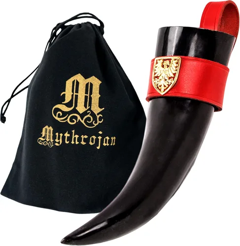 Vista 16 de Mythrojan Cuerno vikingo para beber 100% natural, auténtico, decoración de latón, cuerno nórdico con funda de cuero negro, bolsa de lona para vino