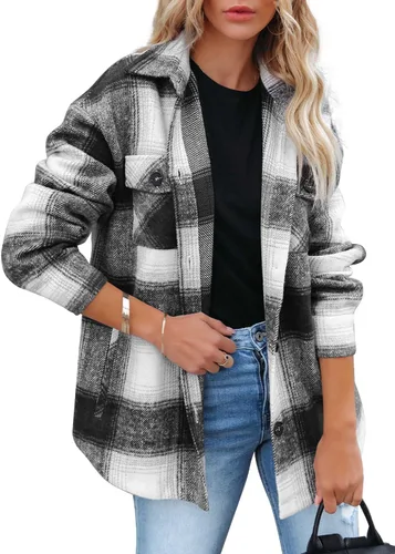 Vista 26 de Beaully Chaqueta-Camisa de Franela a Cuadros para Mujer, Trajes de Otoño 2025, Camisa de Manga Larga con Botones, Chaqueta Abrigo con Bolsillos Negro