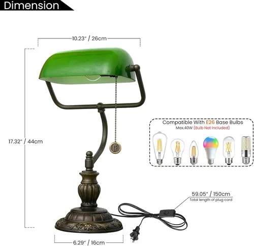 Vista 3 de Green Bankers Desk Lamp W/Pull Chain Switch Tiffany Lamp Stained Glass Shade Desk Light Adjustable Vintage Library Table Lamps for Office Study Room