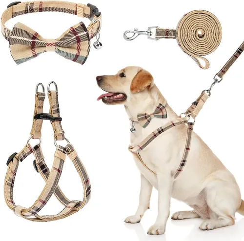 Vista 22 de Juego de arnés para perro con correa y collar de corbatín - Arnés para cachorro a cuadros beige, a prueba de escape, chaleco ajustable sin tirones