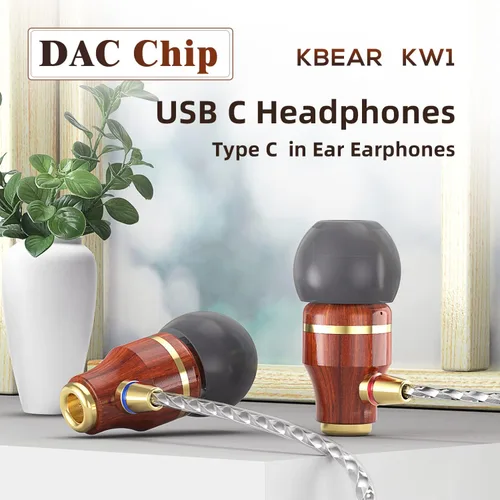 Vista 7 de KBEAR KW1 - Auriculares USB tipo C con micrófono y control de volumen, auriculares con cable de madera con dinámica intensa, OFC plateado cable DAC