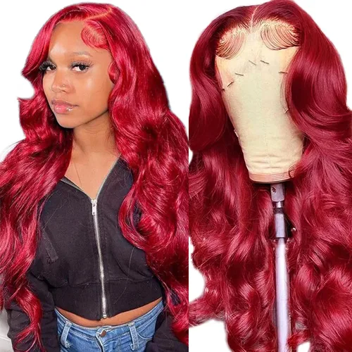 Vista 20 de 99J - Pelucas de encaje frontal de color burdeos con cabello humano 200 de densidad, peluca de encaje HD sin pegamento 13X4, pelucas de encaje 99J