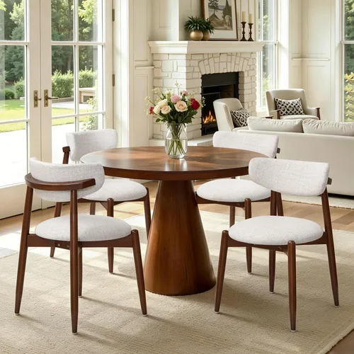 Vista 31 de CHUN YI Juego de 2 sillas de comedor tapizadas de madera maciza, sillas auxiliares de cocina de tela moderna de mediados de siglo con respaldo Beige