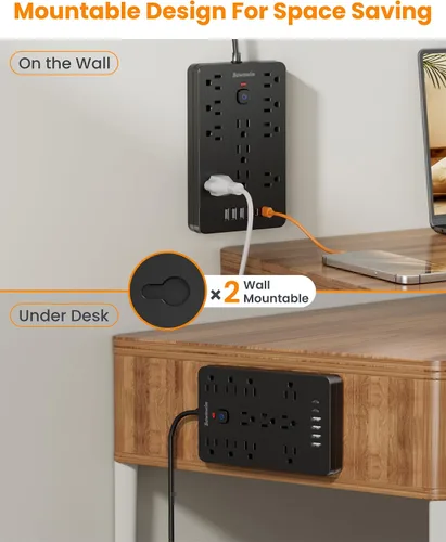 Vista 4 de Regleta de alimentación con protector de sobretensión - 11 tomas de corriente (1850 W/15 A) con 6 puertos USB (2 USB C), extensión de enchufe plano
