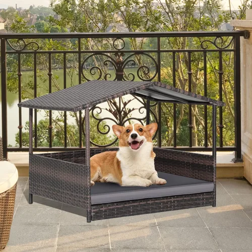 Vista 7 de Giantex Casa de mimbre para perro, cama elevada de ratán para perros con techo impermeable, funda de cojín lavable, marco de acero, cama elevada