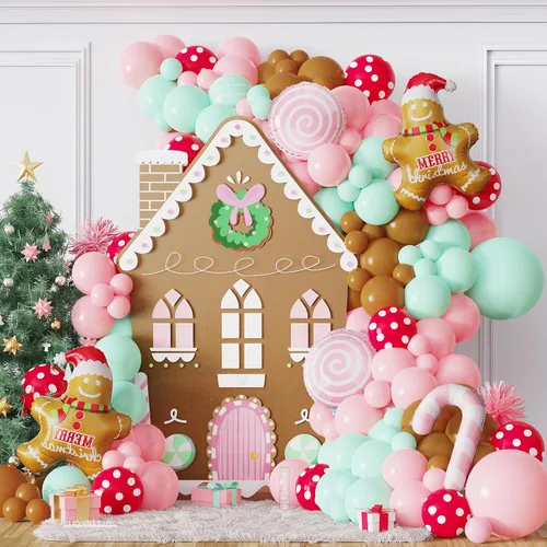 Vista 8 de Kit de 440 piezas de globos de Navidad para casa de jengibre, arco de globos marrón y blanco con piruletas, bastones de caramelo, hombre de jengibre