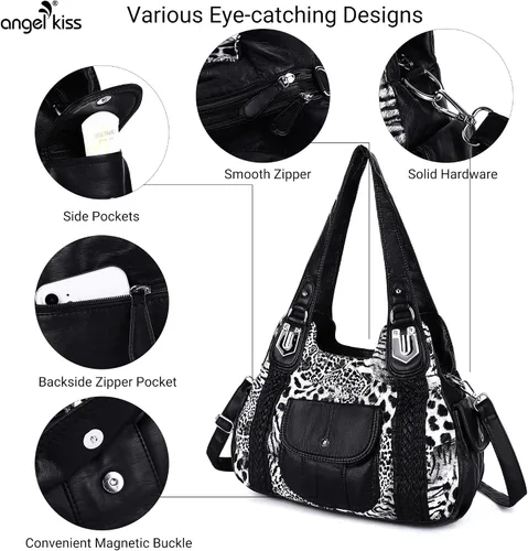 Vista 6 de Angelkiss - Bolsos y bolsos de mano para mujer, de cuero vegano lavado, bolso cruzado estilo hobo