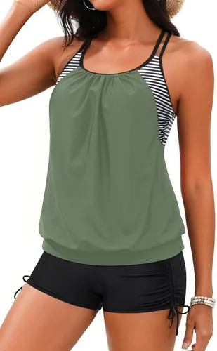 Vista 30 de Holipick Trajes de baño tankini de dos piezas con control abdominal, top de baño tipo blusa con shorts estilo boy shorts Verde Aqua