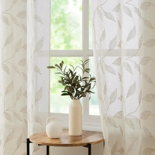 Vista 12 de Bujasso - Cortinas de hojas transparentes de 63 pulgadas, bordadas con flores, estilo granja, cortinas con filtro de luz para ventana, patrón Dorado