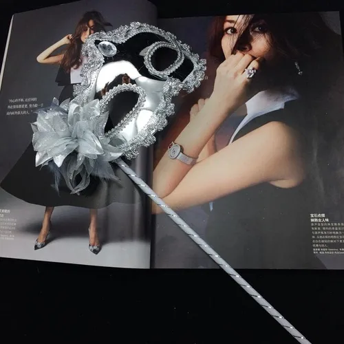Vista 2 de Women's Gold Silver Plated Masquerade Half Face Mask with Side Feather Flower on Stick