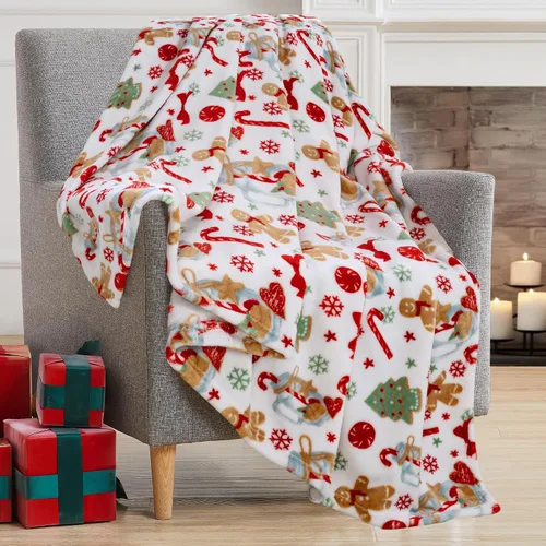 Vista 42 de Manta de Forro Polar para las Fiestas Navideñas: Corona Tradicional de Decoración del Hogar con Saludos Cheers Merry Peace Joy sobre Fondo Beige