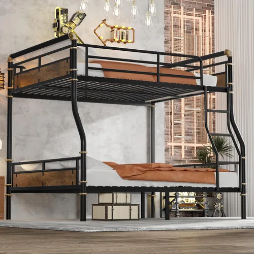 Vista 4 de KEIKI Litera desmontable de metal tamaño matrimonial XL con escaleras, cabecera de MDF y barandilla, literas modernas con listones sólidos,