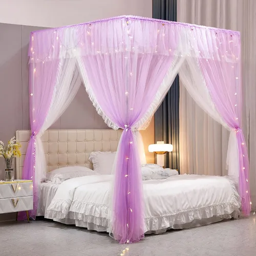 Vista 10 de VETHIN Cortina de Dosel de Cama de Princesa con Volantes de 4 Postes de Esquina - Red de Tul de Doble Capa Acogedora con 4 Aberturas, Mosquitera