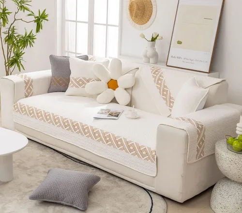 Vista 3 de vctops Funda acolchada de algodón bohemio para sofá modular, con bordado geométrico, antideslizante, lavable, protector de muebles para sala