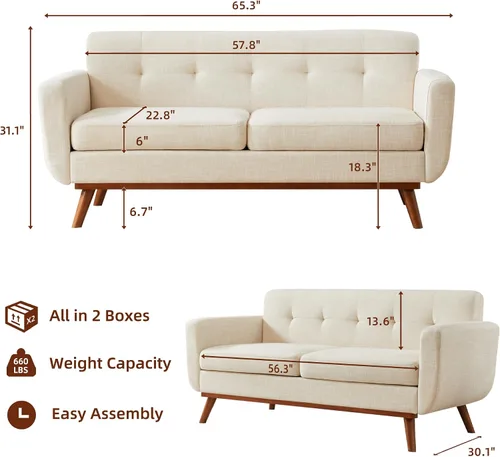 Vista 2 de Tbfit Sofá de dos plazas, sofás de estilo de mediados de siglo, sofá pequeño de bouclé para sala de estar, dormitorio, oficina, muebles tapizados