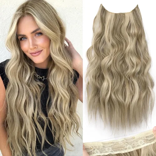 Vista 32 de KooKaStyle - Extensiones de cabello con hilo invisible, diadema transparente, ajustables, 4 clips fijadores, cabello largo y ondulado de 12